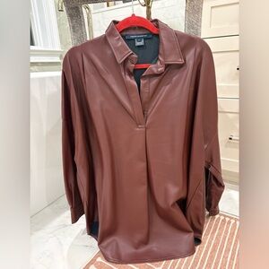 French Connection Faux Leather Blouse | Camel Vegan Leather Top | Size L